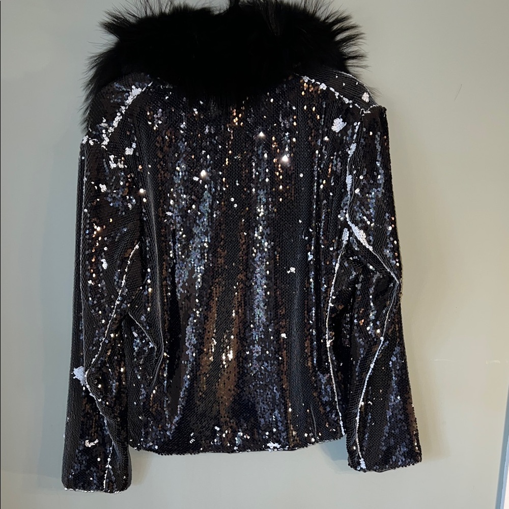 Black Sequin Jacket with Faux Fur Collar Sz XL NWT - Picture 5 of 10